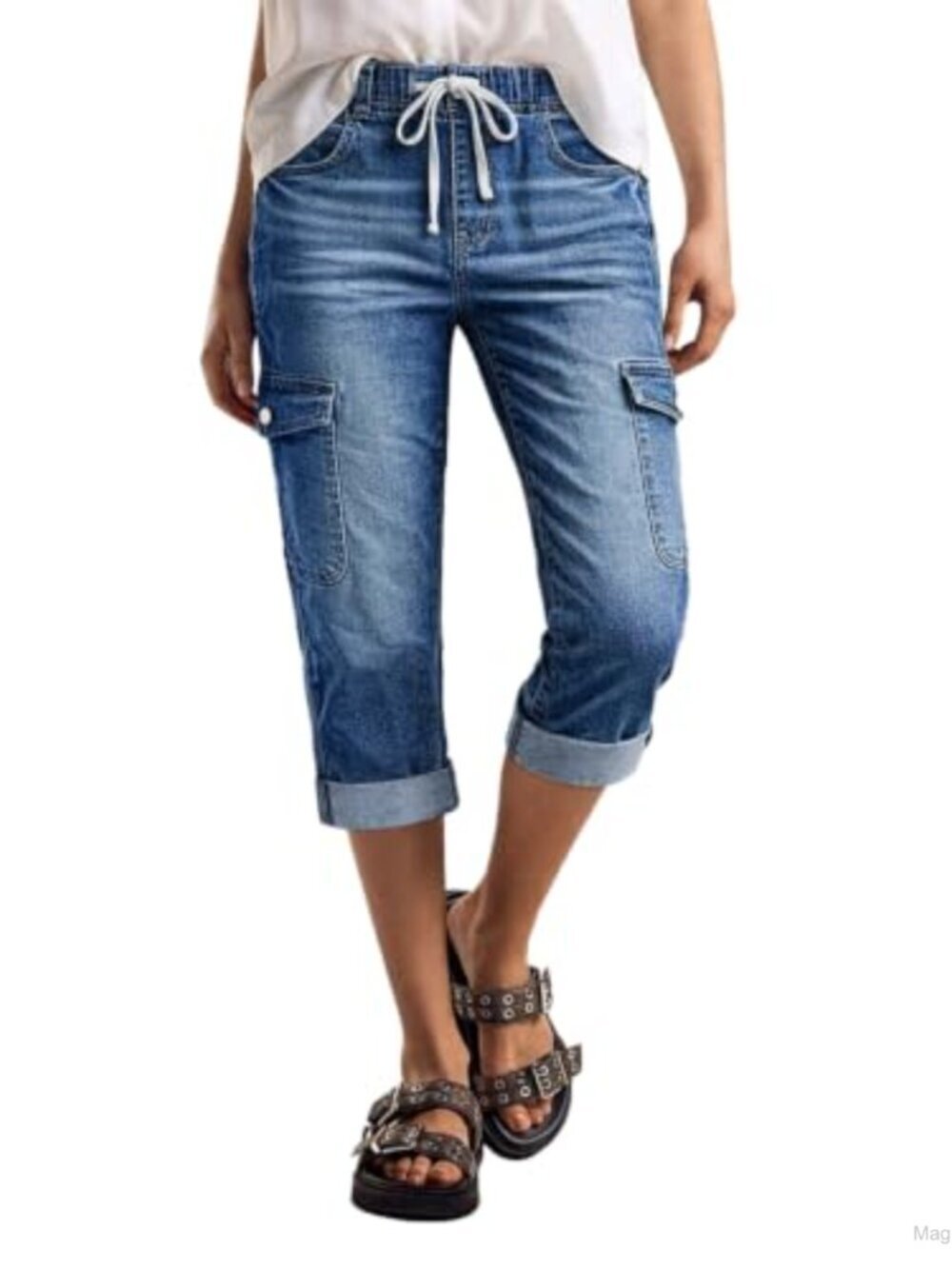 High Rise Straight Leg Capri Jeans Drawstring Waist Roll Hem Flap Pockets